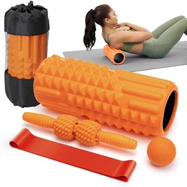 5 in 1 Foam Roller Set - Massage Roller Back Roller Foam, Muscle Roller Stick, Massage Ball, Resistance Band for Physical Therapy  Deep Tissue Muscle Massage (Orange) Black Body Care - Color: Black