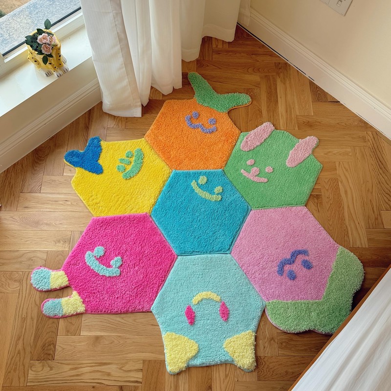 Hexagon Modular Rug Tiles 5-Piece Set and 7-Piece Set, Colorful