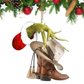 Christmas Tree Decorations 2024 - Funny Christmas Ornaments with Cowboy Boots and Hats, 2D Acrylic Green Christmas Pendants for Tree, Indoor Home and Holiday Decor（Boots）