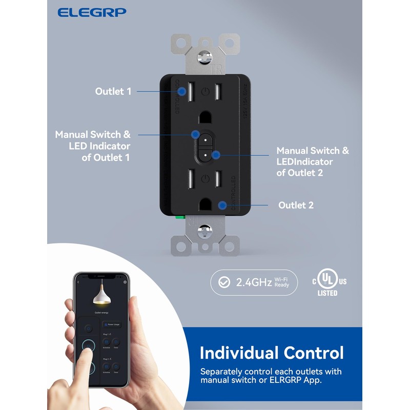 ELEGRP Smart in-Wall Outlet, 2.4GHz Wi-Fi Smart Receptacle Compatible with