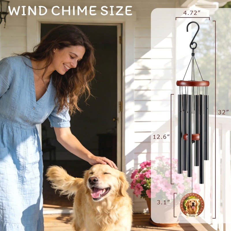 Gabzart 32" Dog Memorial Wind Chimes with Photo Frame Pendant,