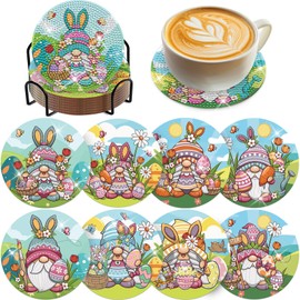 INCOK Easter Diamond Painting Coasters - 8 PCS DIY Gnome Diamond Art Kits Non Slip Drink Coasters with Holder Cork Pad Round Shaped Art Craft Creative Funny Easter Gift for Families Beginners