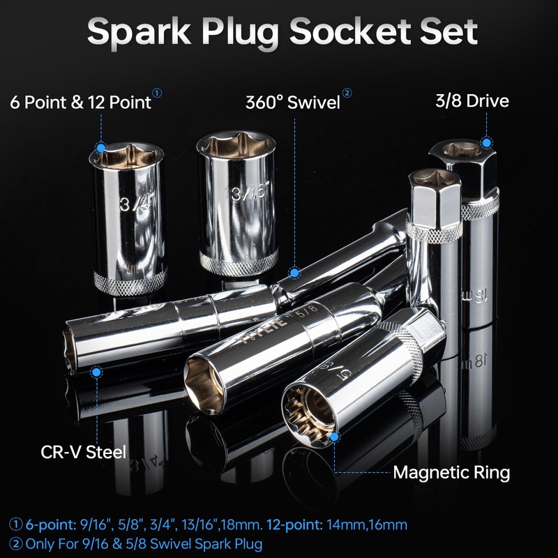 YIYEIE 10PCS Full Magnetic Spark Plug Socket Set with 3/8"