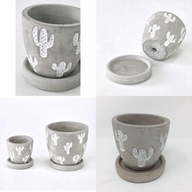 SPICE OF LIFE CCGH1861 Flower Pot Relief Planter, Cactus, Gray, Small, Diameter 3.1 x 3.1 inches (8 x 8 cm), Cement, Bottom Hole, Plate Included