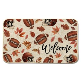 Welcome Fall Football Front Door Mat Indoor Outdoor Entrance, Maple Leaves Autumn Sports Game Day Washable Non-Slip Rubber Doormat, Inside Outside Entrance Floor Mat for Home Holiday Decor, 17x29