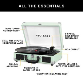 Victrola Journey Bluetooth Portable Suitcase Record Player – with Built-in Speakers, 3 Speed Vinyl Record Player, RCA Out, Headphone Jack (Aqua Turquoise)