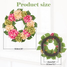 Oairse 20 Inch Artificial Hydrangea Wreath for Front Door Silk Flower Wreath with Pink and Green Blooms Spring and Summer Faux Floral Wreaths for Indoor Outdoor Wall Porch Farmhouse Decor