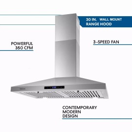 SNDOAS 30" Kitchen Wall Mount Hood 350 CFM Stove Stainless Steel Stove Vent Touch Panel