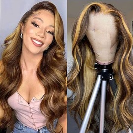 Aaliweya Highlight Ombre HD Lace Front Wigs Human Hair Honey Blonde 13x4 Body Wave Lace Frontal Wig For Women 4/27 Color Glueless Frontal Wig 180% Density True to Length 30inch