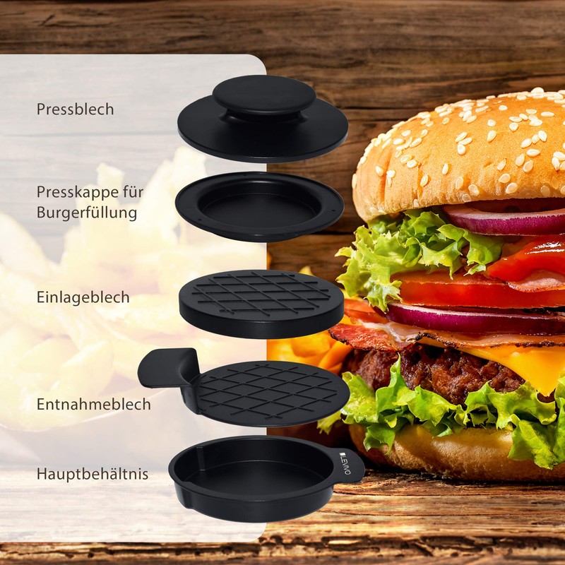 Levivo Burger Press, 5 Pieces, with 50 Sheets of Non-Stick