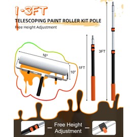 Buyplus 9 Foot High Reach Paint Roller with Lightweight Sturdy Aluminum 1-3FT Telescoping Extension Pole, Multi-Function Paint Roller Kit, House Paint Roller Brush for Walls, Ceiling, Decks, Doors