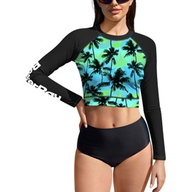BesserBay Women's Long Sleeve Crop Top Rash Guard UV Protection UPF 50+ Crop Top S-XL, A2-Black&Blue&Green