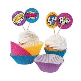 Fun Express - Superhero Girl Cupcake Wrappers W/Picks for Birthday - Party Supplies - Serveware & Barware - Misc Serveware & Barware - Birthday - 100 Pieces