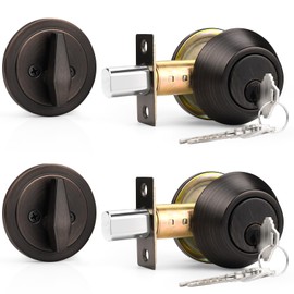 Probrico 2 Pack Keyed Alike Single Cylinder Deadbolts Oil Rubbed Bronze (Combo Packs), Front Door Handlesets with Keys, Interior& Exterior Door Hardware (for Entrance Lock and Front Gate)