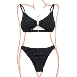 Women's Bikini Set Teenage Girl Black Bikini Swimsuit Two Piece Imitation Jade Ring Buckle Adjustable Shoulder Strap Special Textured Fabric Bathing Suit Medium Size