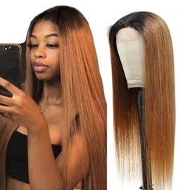 Weeybay 4x4 Straight Lace Front Wigs 1B/30 Black Root Light Brown Human Hair Wig 8A Glueless Baby Hair Ombre Brown Color for Women 28 Inch