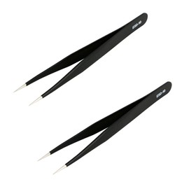 Aoje-Link ESD-10 Professional Anti-Static Precision Technology Tweezers, Non-Magnetic Straight Pointed Tip, Stainless Steel Plastic Coated, Full Length 120mm, Black, 2pcs