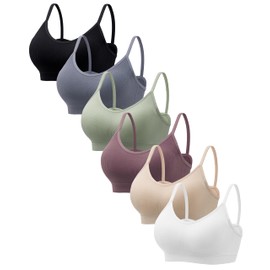 Angelhood 6 Pieces Cami Bralettes Set - Everyday Basic Seamless V-Neck Padded Bras with Spaghetti Strap, Large