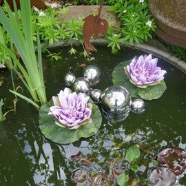 Mini Pond Complete Set with 2 Artificial Water Lilies Purple Swimming Balls - Pond Balls in Silver