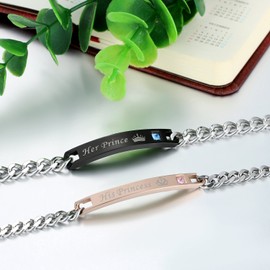 Flongo One Pair of Stainless Steel Bracelets with Zirconia Text Engraving, Love Vows, Rose Gold and Black Partner Bracelets, Love Jewellery, Gifts for Valentine's Day, Birthdays, Anniversaries, Cubic