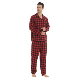LANBAOSI Men's Pajama Sets Long Sleeve Checked Lounge Wear Set Flannel Pyjamas Plaid Top and Bottoms 2 Piece Winter Cotton Nightwear Red