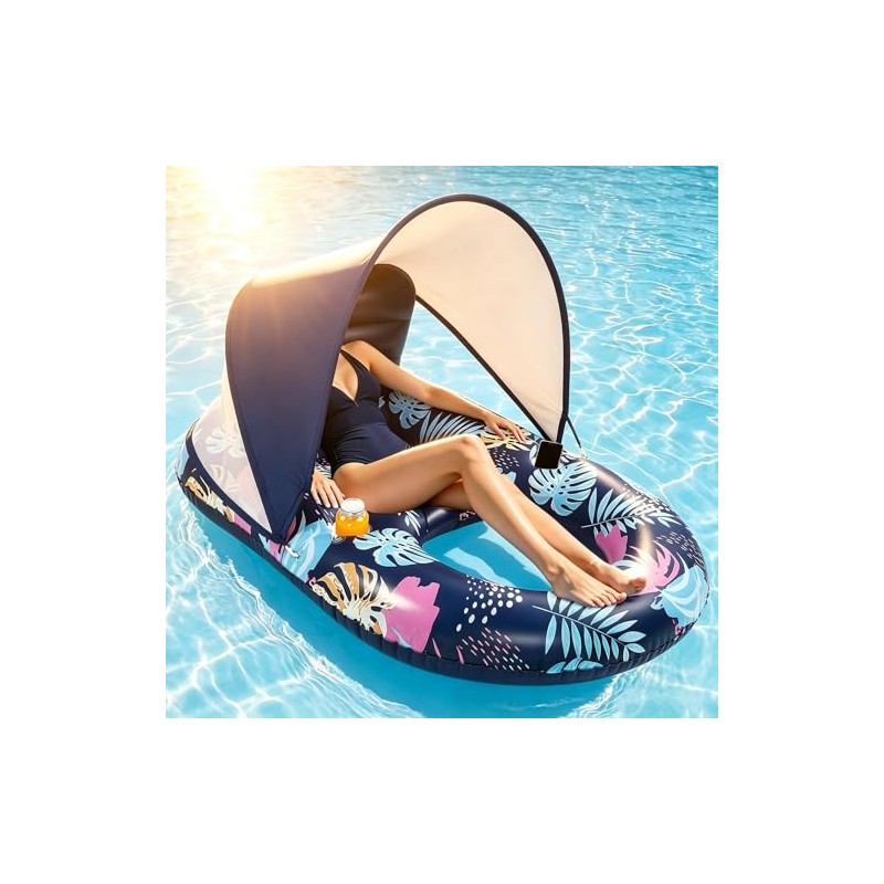 Inflatable Pool Floats with UPF50+ Canopy-Removable-120° Adjustable, Large Pool Beach