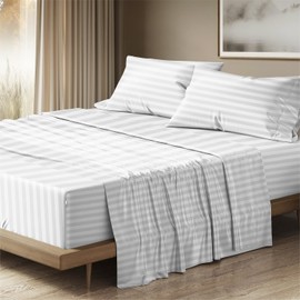 THREAD SPREAD Egyptian Cotton Sheets King Size - 1500 Thread Count 4 PC Damask Sheet Set Egyptian Cotton, Luxury Sheet King Size, Soft, Cooling Deep Pocket Sheets, Fits Upto 19" - White Stripe