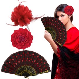 BOFUNX Hair Accessories Flower Hair Clip Brooch + Wrist Flower + Hand Fan for Wedding Flamenco Dance Party Carnival Theme Party