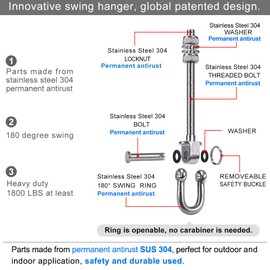 SELEWARE Set of 2 Heavy Duty Swing Hanger 1800LB Capacity, M10 x 9.3" Swing Bolts, Stainless Steel Swing Hooks for Wood and Steel Beam Yoga Hammock Chair Punching Bag Porch Swing Sets Seat