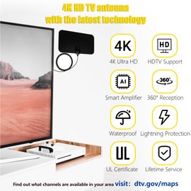 TV Antenna - 4K HD Amplified Digital HDTV Indoor Antenna with Signal Booster - 360° Long Reception TV Aerial Support All Types TV