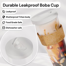 24 oz Leak-Proof Reusable Boba Cup by Dodoko with Resealable Lid Stopper | Wide Stainless Steel Straw for Boba | Dishwasher Safe | BPA Free | Shatterproof - White