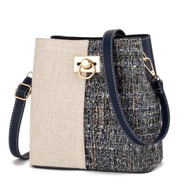 Women's Multi Pocket Canvas and Leather Shoulder Bag with Compartments Medium Tote Bags with Zipper Crossbody Bag-Blue