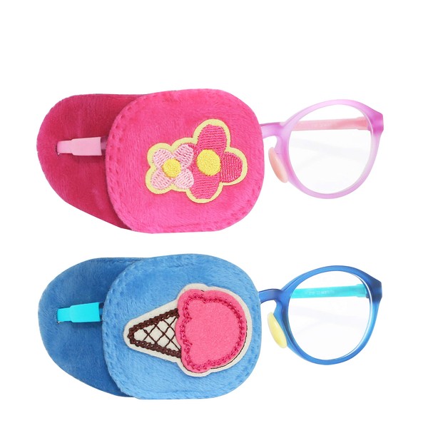Astropic 2個 アイパッチ 子供用 メガネ用 どちらの目もカバー (ピンクフラワー&ブルーアイスクリーム)