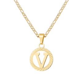 SAELACY Gold Initial Necklace for Women Men 14K Gold Silver Tone Round Letters Figaro Chain Necklaces, Capital Monogram Alphabets from A-Z (V, gold, 18"+2")