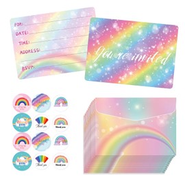 Xugoox 12 Sets Birthday Party Invitations with Envelopes Rainbow Invitation Cards and Stickers for Girls Boys Kids Party Supplies