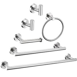 6 Pieces Brushed Nickel Bathroom Hardware Accessories Set Hand Towel Ring 16&23.6 inch Round Towel Bar Silver Toilet Paper Holder Towel Hooks 2 Pieces SUS 304 Stainless Steel,Heavy Duty,Wall Mounted