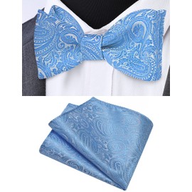 Gusleson Baby Blue Self Tied Bow Tie Mens Silk Paisley Bow tie Pocket Square Set for Wedding (UK0652-18)