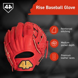 44 PRO BB Stock Rise Baseball Glove for Youth & Little Leagues, Age 8-12, Infield & Outfield, H-Web, Easy Break-in, Narrow Fit & Lightweight Design, Left Hand Throw, Size 11.5, Red