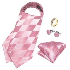 DiBanGu Pink Plaid Mens Cravat Tie Woven Jacquard Ascot Ties Pocket Square Cufflinks Set with Tie Ring Wedding Prom