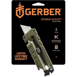GERBER Gear Prybrid Utility EDC Multitool Pocket Utility Knife - Razor Knife with Retractable Hobby Blade and Pry Bar - Green with Clip