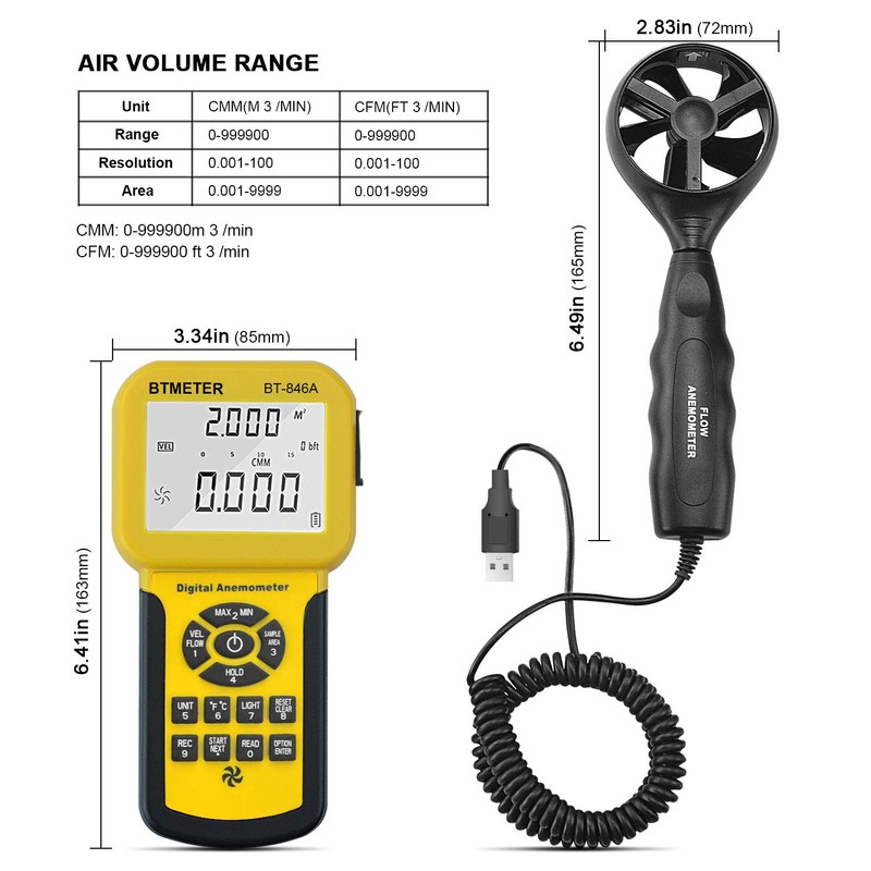 BTMETER BT-846A Pro HVAC Anemometer Measures Wind Speed Flow Temperature