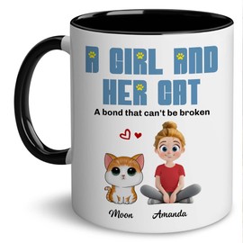 PENHAL Personalize Cat Mom Mug (Girl - Cat) - A Girl And Her Cat A Bond That Can't Be Broken With Customized Avatar And Name - Happy Mother's Day - Birthday Unique Gifts For Mom Woman