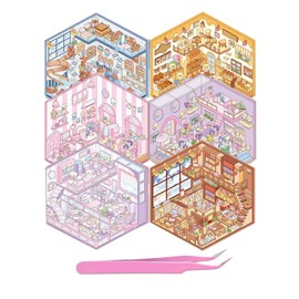 Girls 3D Miniature Scene Stickers, 6 Sets World Travel DIY House Stickers for Museun, Hotel, Magic House, Drive-In Restaurant, Cute 3D Cartoon Sticker Scenes for Adult Kids Relief Stress Pass The Time
