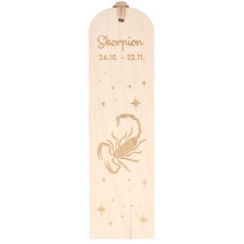 Spruchreif Bookmark "Scorpion" Zodiac Sign Engraved Wooden Bookmark with Leather Strap Gift for Book Lovers & Astrology Fans Approx. 16 x 4.5 cm Beech Wood