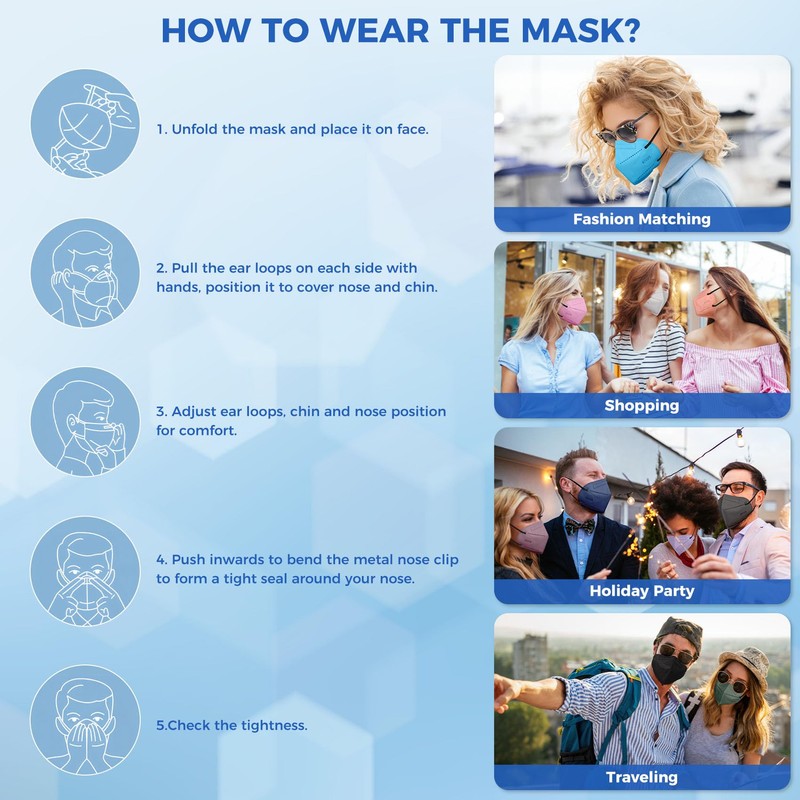 60/100 Pcs KN95 Face Mask for Adults,5 Layer Cup Dust