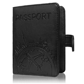 Passport Holder Leather Travel Wallet - RFID Blocking Passport Cover with Magnetic Button for Women Men (Black)