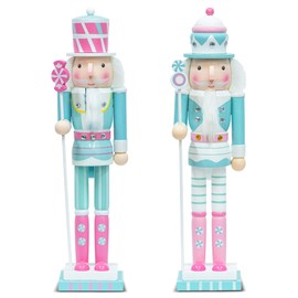 KINGYEE Christmas Nutcracker Pink and Blue 15-Inch Set of 2 Wooden Nutcracker Soldier Figurine Display Set for Kids Room Baby First Christmas Decor