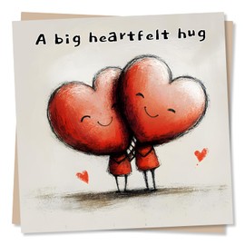 Cute Love Heart Thinking Of You Card - A Big Heartfelt Hug - Two Hearts Hugging - Appreciation or Support Card For A Dear Friend or Loved One