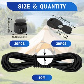 10 M Elastic Cord, 3 Mm Bungee Cord, With 30 Cord Stoppers And Cord Clips, Round Elastic Rope for Camping And Diy Projects