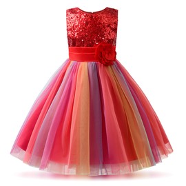 Uhnice Little Girl's Sequin Sleeveless Mesh Rainbow Dress for Wedding Party (Red, 4-5/120)